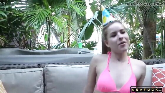 Blonde Teen Fucks Outdoors to Celebrate Older Mans Bday