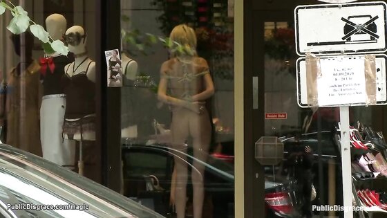 Naked bound blonde exposed in public
