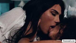 Teen babe lets TS stepmom fuck her pussy
