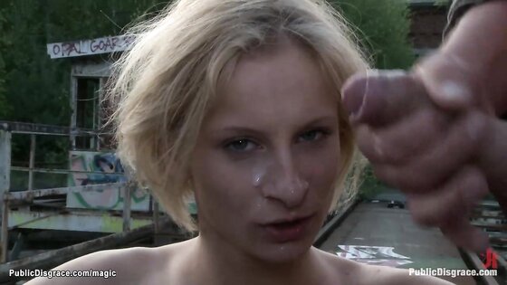 Blond slave fucked and cummed in public