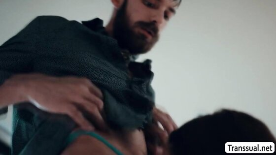 Handsome stepson gets ass licked and destroyed by busty TS