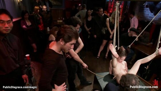 Bound babe rough fucked in public bar