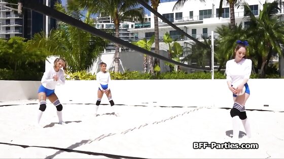 Squirting foursome with volleyball chicks