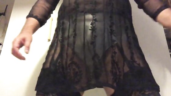 Wanking in my girl's stockings, girdle and see-through top