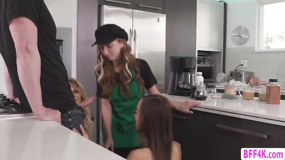 Three teen baristas gets their tight pussy fucked by boss