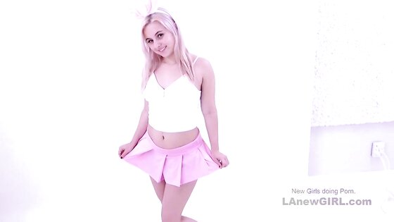Super cute bunny girl licks ass and cums at audition