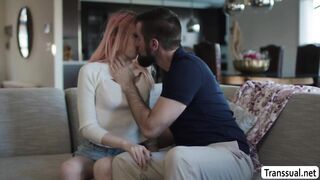 Bearded stepdad rimjob and analed busty pink haired shemale