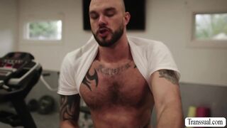 Horny bald licks and fucks the tight ass of busty TS in gym