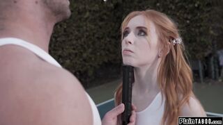 Tennis coach makes petite redhead squirt from pussy fucking