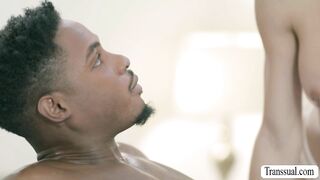 Black dude gets his big cock massaged by shemale masseuse
