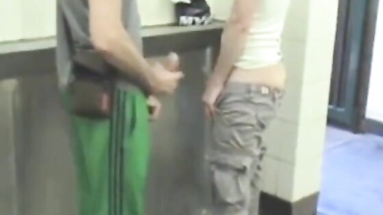 2 boys getting off in public toilet