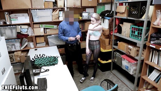 Cooperative teen thief Lexi Lore fucking a guards big dick