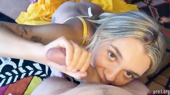 Russian blonde girl sucked the guy and swallowed the sperm