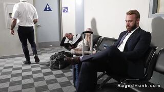 Flight attendant fucks businessman in rest room