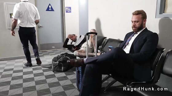 Flight attendant fucks businessman in rest room