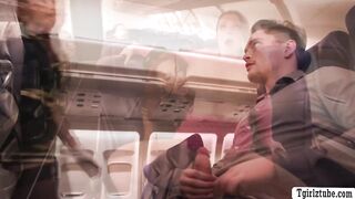 Slut TS flight attendant threesome with her passengers in plane