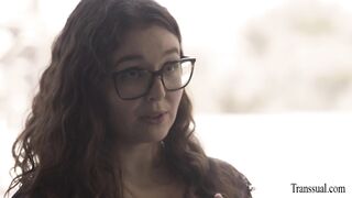 Teen nerd gets pussy fucked by TS brunette
