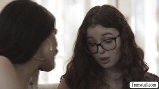 Teen nerd gets pussy fucked by TS brunette