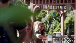 Dude with big cock fucks brunette in a tree house