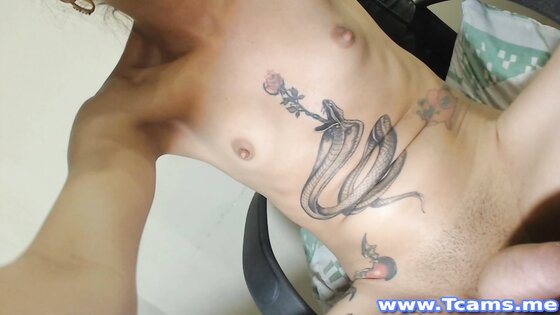 Tattooed Ts Jerking Her Hard Cock