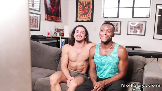 Long haired man interracial anal fucked on the sofa