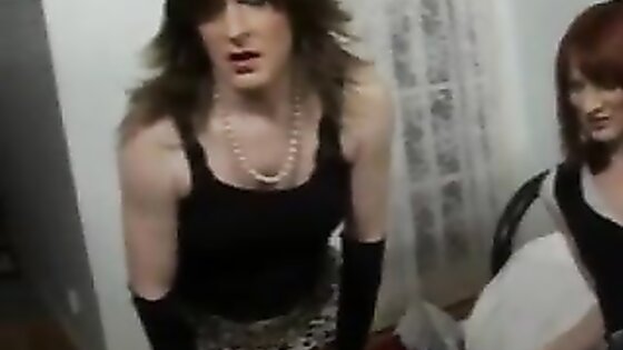 Blonde Slut Fucks Two Shemales