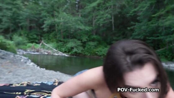 Fucking busty stranger in the nature by the river