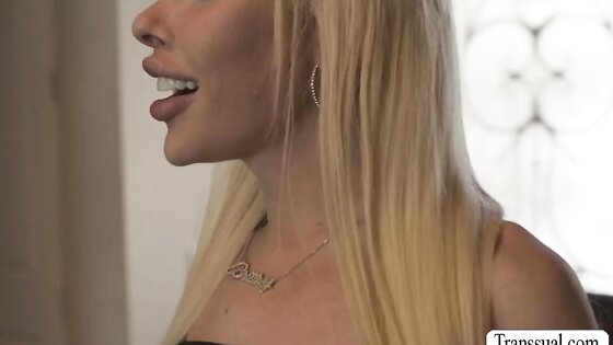 Teen blonde gets fucked by two busty shemale