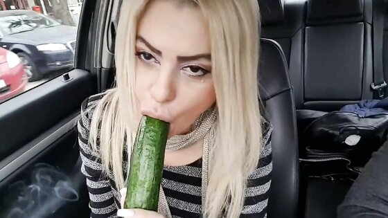 Smoking Hot Babe Squirts from Public Car Masturbation with a Big Cucumber
