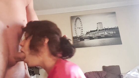 Amateur Brunette Deepthroats and Gags on a Big Cock