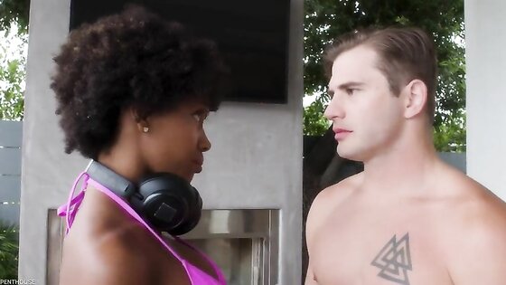 Big Tits Slender Hairy Ebony Takes White Hard Cock