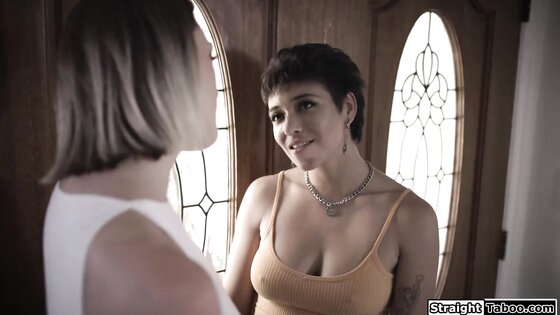 Teens scissor when mums friend walks in