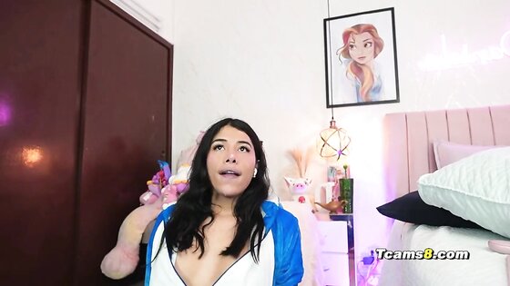 Gorgeous latina trans in pajamas suit jerks in sucks dildo