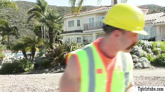 Construction worker drills the ass of two horny TS