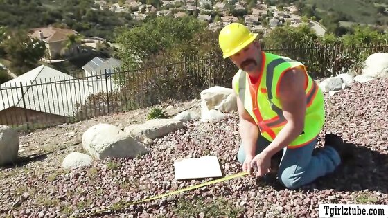 Construction worker drills the ass of two horny TS