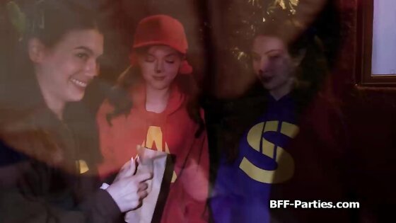 Besties spreading wide for candies in foursome