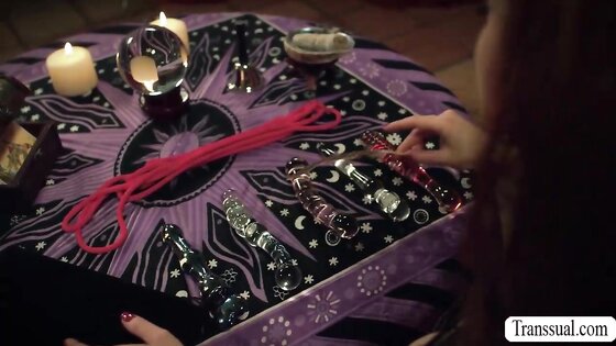 Busty witch summons two shemale and get fucked 2