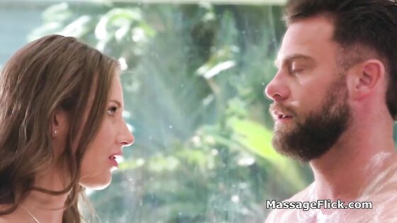 Wet then oily masseuse plays with clients cock