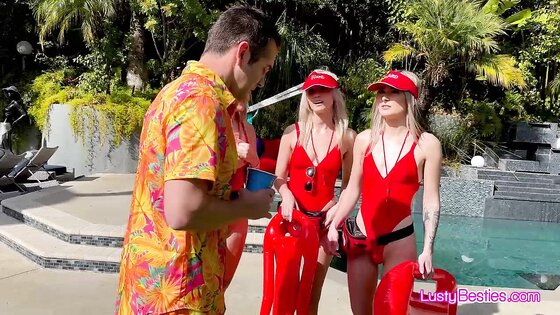 Lifeguard BFFs cock CPR rescue turns to reverse gangbang party