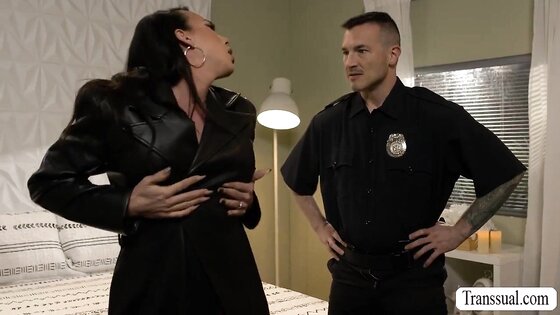 Hunk cops pound the ass of this slut TS