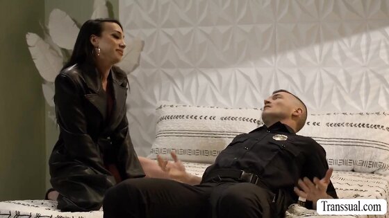 Hunk cops pound the ass of this slut TS