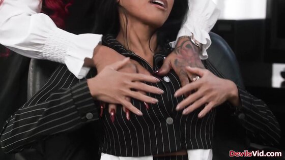Busty latina pussy licking lesbian boss