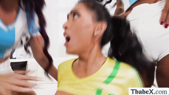 Three sexy TS soccer player fuck each others ass
