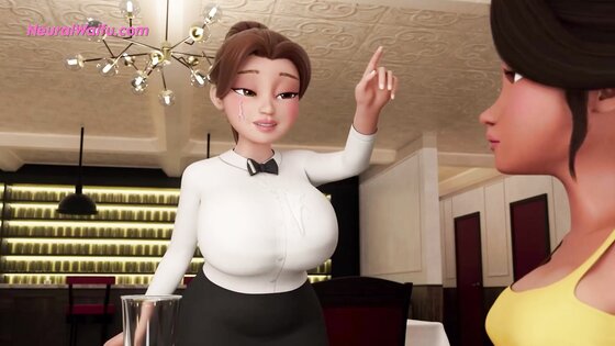 Busty waitress gives her FUTA customer a surprise blowjob