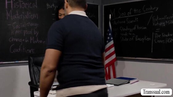 Busty TS gives teacher titjob for her grades