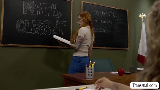 Naughty Schoolgirl Shemales Dominate Classroom in Wild Group Sex