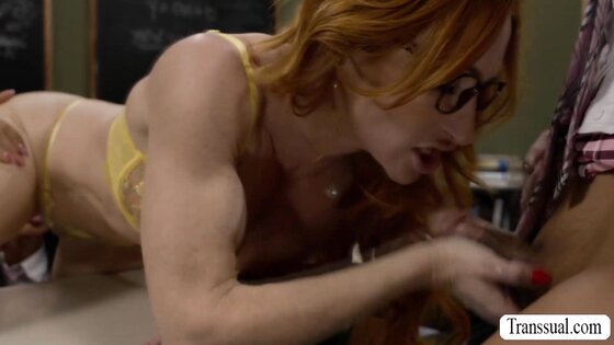 Naughty Schoolgirl Shemales Dominate Classroom in Wild Group Sex
