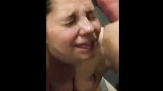 White sluts lets friends cum on her face!