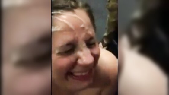 White sluts lets friends cum on her face!