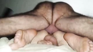 Hairy Daddy with hairy legs breeds boy from below